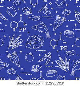 Seamless pattern with foods rich in vitamin PP. Beans, fish, tomato, soya beans, peas, garlic, wheat, carrots, spinach, cabbage, pepper.