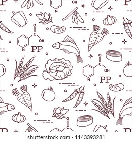 Seamless pattern with foods rich in vitamin PP. Beans, fish, tomato, soya beans, peas, garlic, wheat, carrots, spinach, cabbage, pepper.