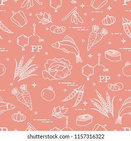 Seamless pattern with foods rich in vitamin PP. Beans, fish, tomato, soya beans, peas, garlic, wheat, carrots, spinach, cabbage, pepper.