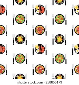 Seamless pattern with foods. Vector hand drawn illustration. Used for kitchen, cafe stuff, wallpaper, pattern fills, web page background, surface textures.