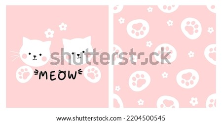 Seamless pattern with foot prints and daisy flower on pink background. Cat cartoons and hand written fonts on pink background vector illustration. 