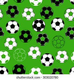 Seamless pattern with football ball on green background. Vector illustration