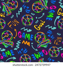 Seamless pattern with football ball, words, bots and arrow. Neon background for pajamas, stationery, textile, fabric and other design.   