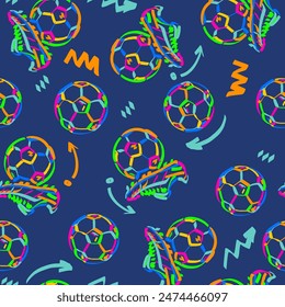 Seamless pattern with football ball, words, bots and arrow. Neon background for pajamas, stationery, textile, fabric and other design.   