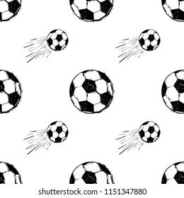 Seamless pattern with football balls. Graphic black sketch t-shirt design with european football or soccer ball and text on white background. Football fan vector background.