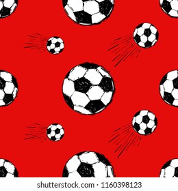 Seamless pattern with football balls. Graphic black sketch t-shirt design with european football or soccer ball and text on red background. Football fan vector background.