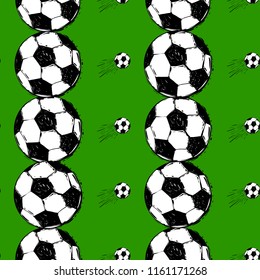 Seamless pattern with football balls. Graphic black sketch t-shirt design with european football or soccer ball and text on green background. Football fan vector background.