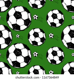 Seamless pattern with football balls. Graphic black sketch t-shirt design with european football or soccer ball and text on green background. Football fan vector background.