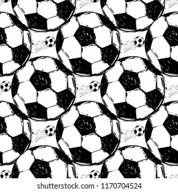 Seamless pattern with football balls. Graphic black sketch t-shirt design with european football or soccer ball and text on white background. Football fan vector background.