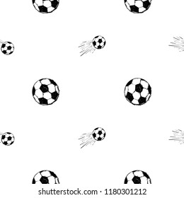 Seamless pattern with football balls. Graphic black sketch t-shirt design with european football or soccer ball and text on white background. Football fan vector background.