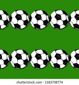 Seamless pattern with football balls. Graphic black sketch t-shirt design with european football or soccer ball and text on green background. Football fan vector background.