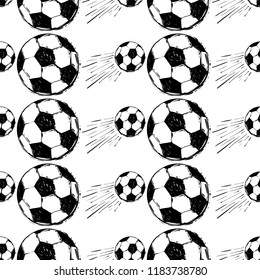 Seamless pattern with football balls. Graphic black sketch t-shirt design with european football or soccer ball and text on white background. Football fan vector background.