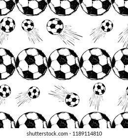 Seamless pattern with football balls. Graphic black sketch t-shirt design with european football or soccer ball and text on white background. Football fan vector background.