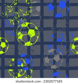 Seamless pattern with football balls on tartan background.  Background for textile, fabric, sport wear, stationery, clothes, accessories and other designs.