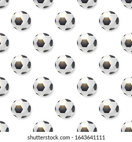 Seamless pattern from football balls. Balls for soccer isolated ob white background, seamless sports decoration. Template for t-shirts, fabric, wrapper, banners. Vector 3d illustration.