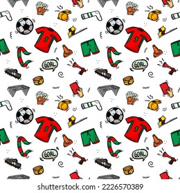 Seamless pattern of football doodle. Hand drawn illustration, kids style playful and colorful.