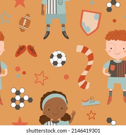 Seamless pattern with football player, football boots and ball on caramel background. Soccer digital background with vector hand drawn elements. Seamless pattern for kids fabric and scrapbook paper.