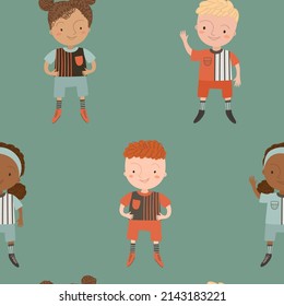 Seamless pattern with football player kids on sea green background. Soccer digital background with vector hand drawn elements. Seamless pattern for kids fabric, textile and scrapbook paper.