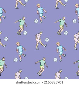 Seamless pattern of football player playing ball isolated on blue background.