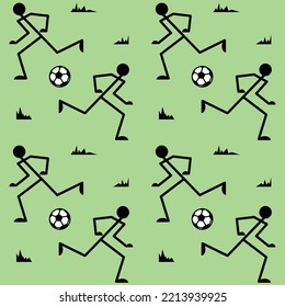 Seamless pattern with football players in the stadium with green lawn. Two players on the soccer field with a soccer ball. Team ball game. Outline cartoon illustration in flat style.