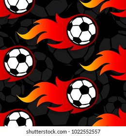 Seamless pattern with football soccer ball icons and flames. Vector illustration. Ideal for wallpaper, wrapping, packaging, fabric design and any kind of decoration.