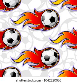 Seamless pattern with football soccer ball icons and flames. Vector illustration. Ideal for wallpaper, wrapping, packaging, fabric design and any kind of decoration.