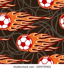 Seamless pattern with football soccer balls and hot rod flame. Vector illustration. Ideal for wallpaper, cover, packaging, fabric, textile, wrapping paper design and any kind of decoration.