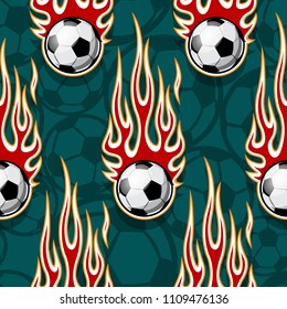 Seamless pattern with football soccer balls and hot rod flames. Vector illustration. Ideal for wallpaper, cover, packaging, fabric, textile, wrapping paper design and any kind of decoration.