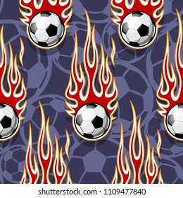 Seamless pattern with football soccer balls and hot rod flames. Vector illustration. Ideal for wallpaper, cover, packaging, fabric, textile, wrapping paper design and any kind of decoration.