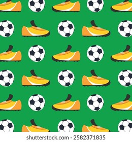 Seamless pattern with footballs and boots. Sports equipment. Sports, competitions concept.