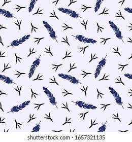 Seamless pattern with footprint of a bird and bird feathers. Vector seamless background with a pattern of traces of bird steps. Fabric textile print