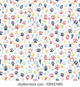 Seamless pattern with footprint of birds and animals.Hand-drawn element useful for invitations, scrapbooking, design.