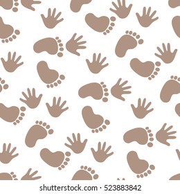 Seamless pattern with footprint and handprints. Background for gift wrapping. Decoration fabric. Wallpaper design. Stylish beautiful baby seamless pattern. Vector