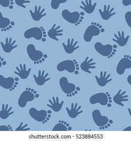 Seamless pattern with footprint and handprints. Background for gift wrapping. Decoration fabric. Wallpaper design. Stylish beautiful baby seamless pattern. Vector