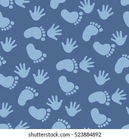 Seamless pattern with footprint and handprints. Background for gift wrapping. Decoration fabric. Wallpaper design. Stylish beautiful baby seamless pattern. Vector