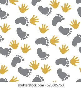Seamless pattern with footprint and handprints. Background for gift wrapping. Decoration fabric. Wallpaper design. Stylish beautiful baby seamless pattern. Vector