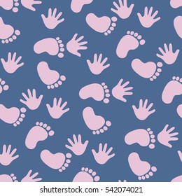 Seamless pattern with footprint and handprints. Background for gift wrapping. Decoration fabric. Wallpaper design. Stylish beautiful baby seamless pattern. Vector