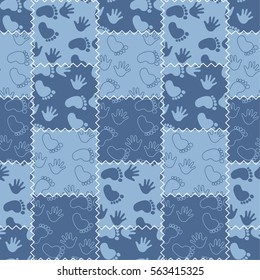Seamless pattern with footprint and handprints. Background for gift wrapping. Decoration fabric. Wallpaper design. Stylish beautiful baby seamless pattern. Vector. Sweet patchwork.