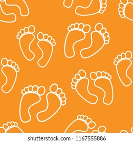 Seamless pattern footprint symbol, vector illustration of a print of a leg on a orange background. Using for print on the wall-paper, shirts, vector and other