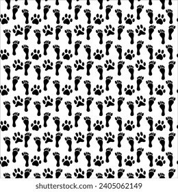 Seamless pattern with footprints of dog and human on white background. Prints of human feet and dog paws. Paw seamless pattern. 