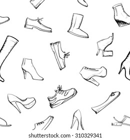 Seamless pattern of footwear. Doodle image. Stock Vector illustration.