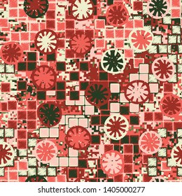 Seamless pattern. The foreground consists of citrus elements. The background consists of uneven squares and digital camouflage. Fashionable texture. Spring colors. Editable.