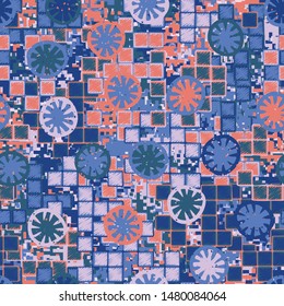 Seamless pattern. The foreground consists of citrus elements. The background consists of uneven squares and digital camouflage. Fashionable texture. Spring colors. Editable.