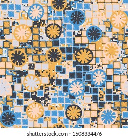 Seamless pattern. The foreground consists of citrus elements. The background consists of uneven squares and digital camouflage. Fashionable texture. Spring colors. Editable.