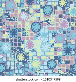 Seamless pattern. The foreground consists of citrus elements. The background consists of uneven squares and digital camouflage. Fashionable texture. Spring colors. Editable.