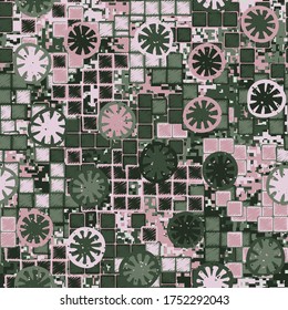 Seamless pattern. The foreground consists of citrus elements. The background consists of uneven squares and digital camouflage. Fashionable texture. Spring colors. Editable.