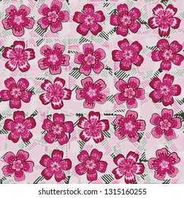 Seamless pattern. The foreground consists of fictional flowers. The background consists of round gear figures. Editable.