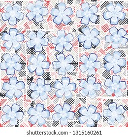 Seamless pattern. The foreground consists of fictional flowers. The background consists of round gear figures. Editable.