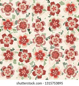 Seamless pattern. The foreground consists of fictional flowers. The background consists of round gear figures. Editable.