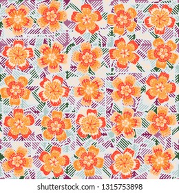 Seamless pattern. The foreground consists of fictional flowers. The background consists of round gear figures. Editable.
